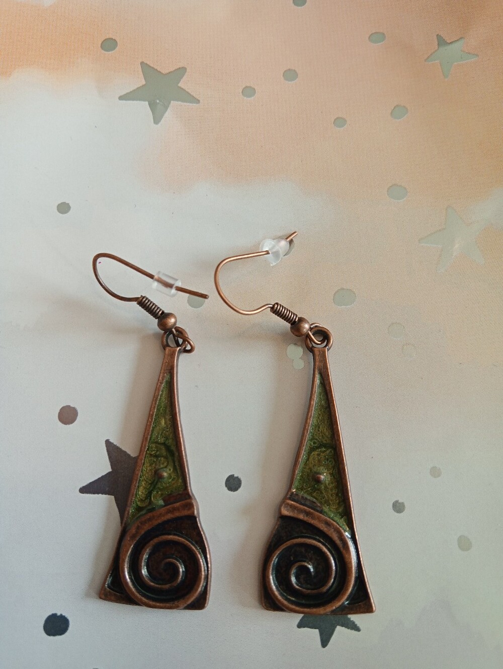 Green Copper Spiral Drop Earrings - Unbranded